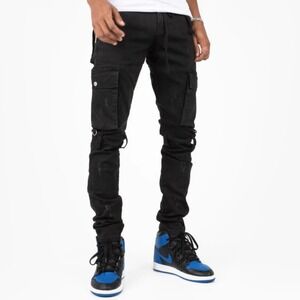 THRT BLEAK Men's Black Distressed‎ Skinny Fit Cargo Pants with Zippers Size 28